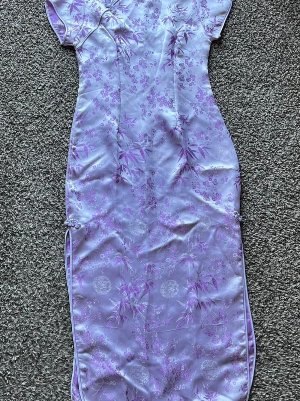 Purple Silver Floral Satin Cheongsam Dress Korean Floral Kawaii Elegant Formal - Picture 2 of 7